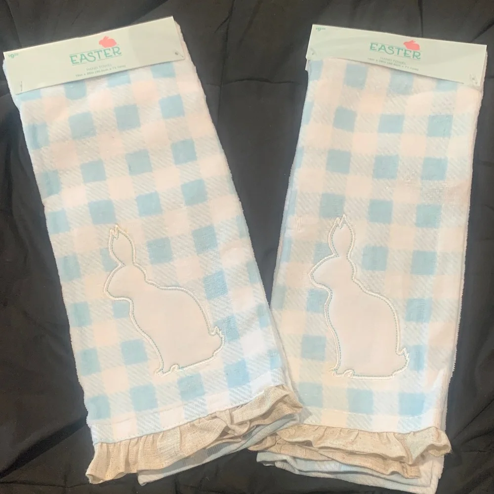 Blue and White Plaid Easter Towels with Bunny Design